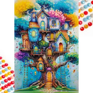 5D DIY Full Drill Round Diamond Painting - Diamond Art Kit Tree House Fairy Tale Mosaic, Canvas - DIY Home Decoration, Wall Decor, Suitable for Halloween and Christmas, Birthday and Anniversary Gifts