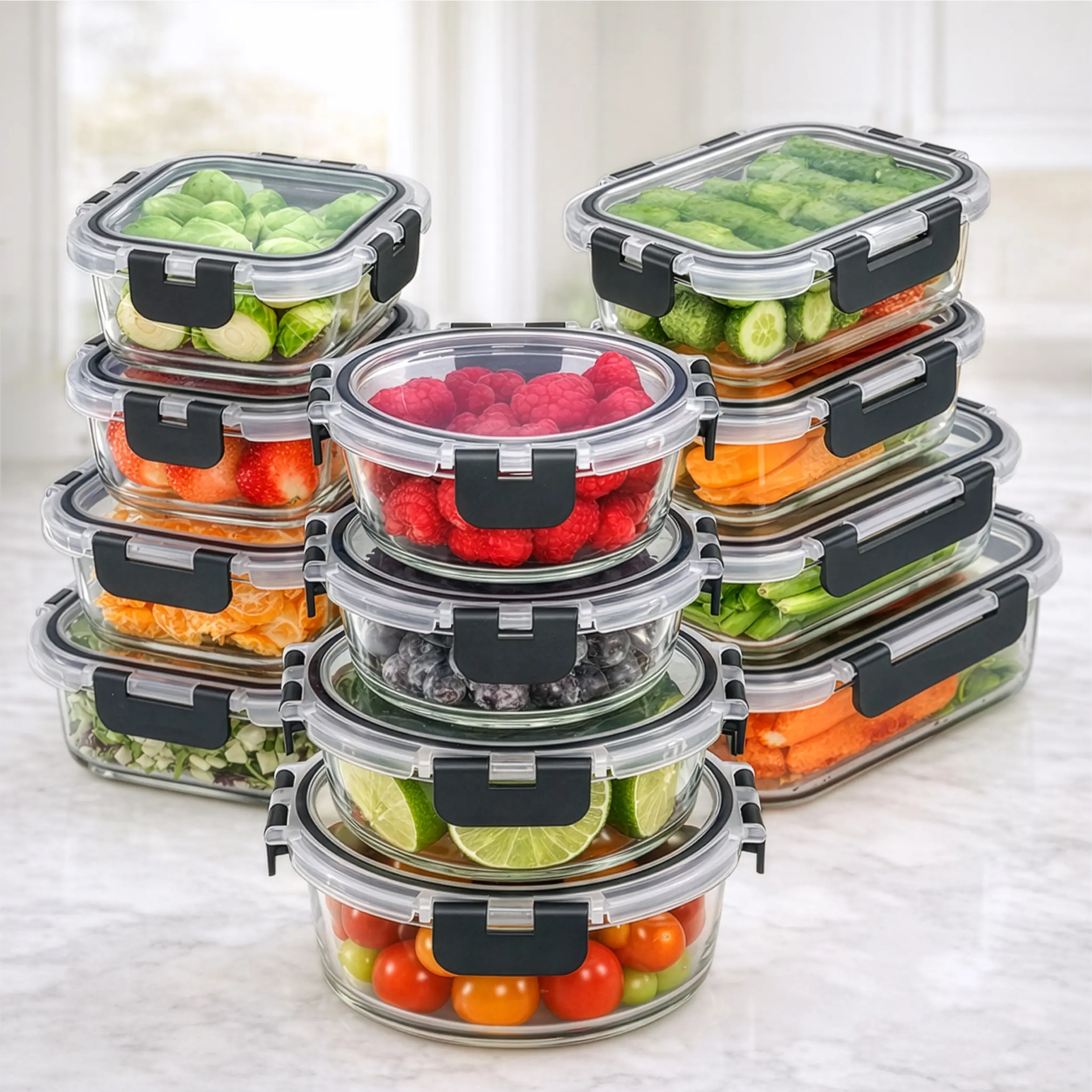 FRESHWARE Glass Meal Prep Containers (24-Piece Kitchen Set) - Stackable Storage Containers, Airtight Leakproof Lids, Oven-Safe, Freezer-Safe for Food Storage & Freshness Preservation