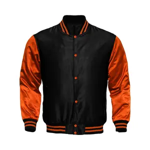 Deckra Women's Original Varsity Fitted Satin Jacket - Polyester, Black/Orange, Longsleeves, Lady-Fit, Button-Closure, Pocket Design, Casual Tops Clothes