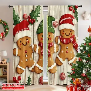 2-Pack Festive Gingerbread Friends Christmas Curtains - 2D Flat Print, Polyester Curtains with Santa Hat and Scarf, Blackout, Machine Washable, Rod Pocket Design, Suitable for Indoor Holiday Decorations, Home Decoration Curtain
