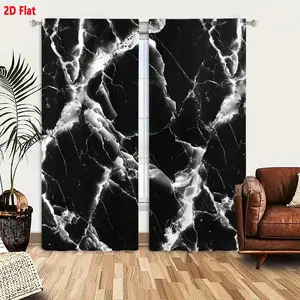 2D Flat 2-Pack Black and White Marble Curtain Set, Seamless High-Contrast Marble Texture with Intricate White Crack-Like Veins on Solid Black Background, Dramatic Luxurious Patterned Window Curtains Home Decoration Curtain for Living Room Bedroom Decor