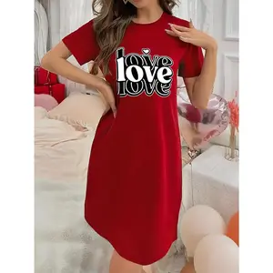 Soft Micro Stretch Women's Lingerie "Love" letter Printed Short Sleeve Round Neck Nightgown Sexy Elegant Young Style Women's Valentine's Day Dress Mother's Day Christmas Thanksgiving New Year Gift Ideas