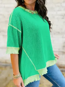 Women's Elegant Fashion Round Neck Polyester Knit Piece - Casual, Comfortable, Solid Color, Loose-Fitting, Asymmetrical Hem, Long Sleeve, Lightweight Drop Shoulder, Patchwork Lady Top for Spring, Fall