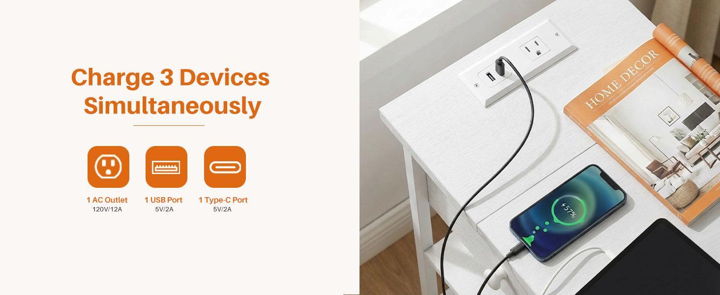 End Table with Shelves and Charging Station, Flip Top Side Table with USB Ports and Outlets, Bedside Table