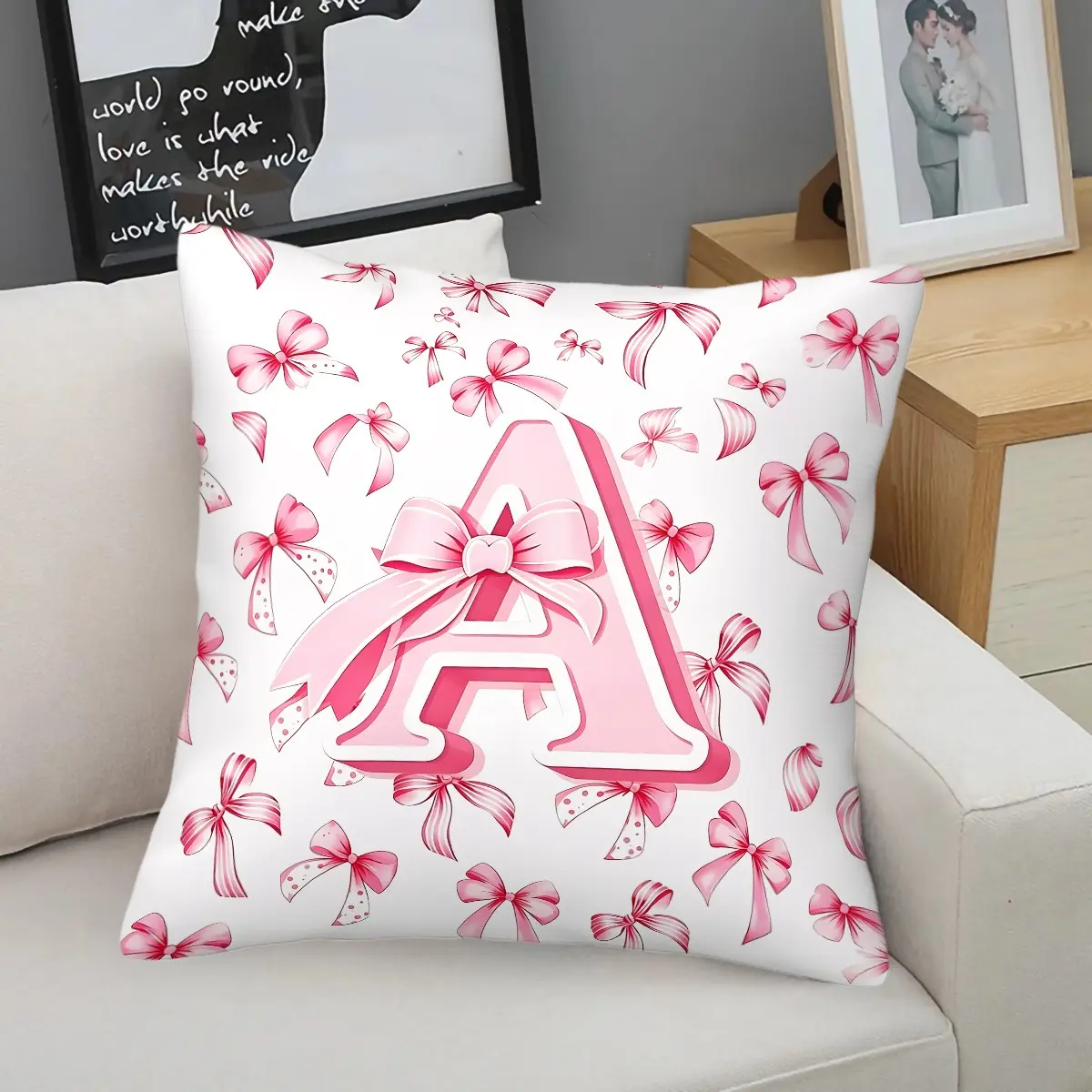 Initial A-Z Pink Bow Throw Pillow, Cute Coquette Preppy Cushion Accent Pillow, Includes Pillow Core, Soft Comfortable Home Decor Pillows for Sofa Bedroom Living Room Dorm, Perfect Gift for Girls Teenagers and Women