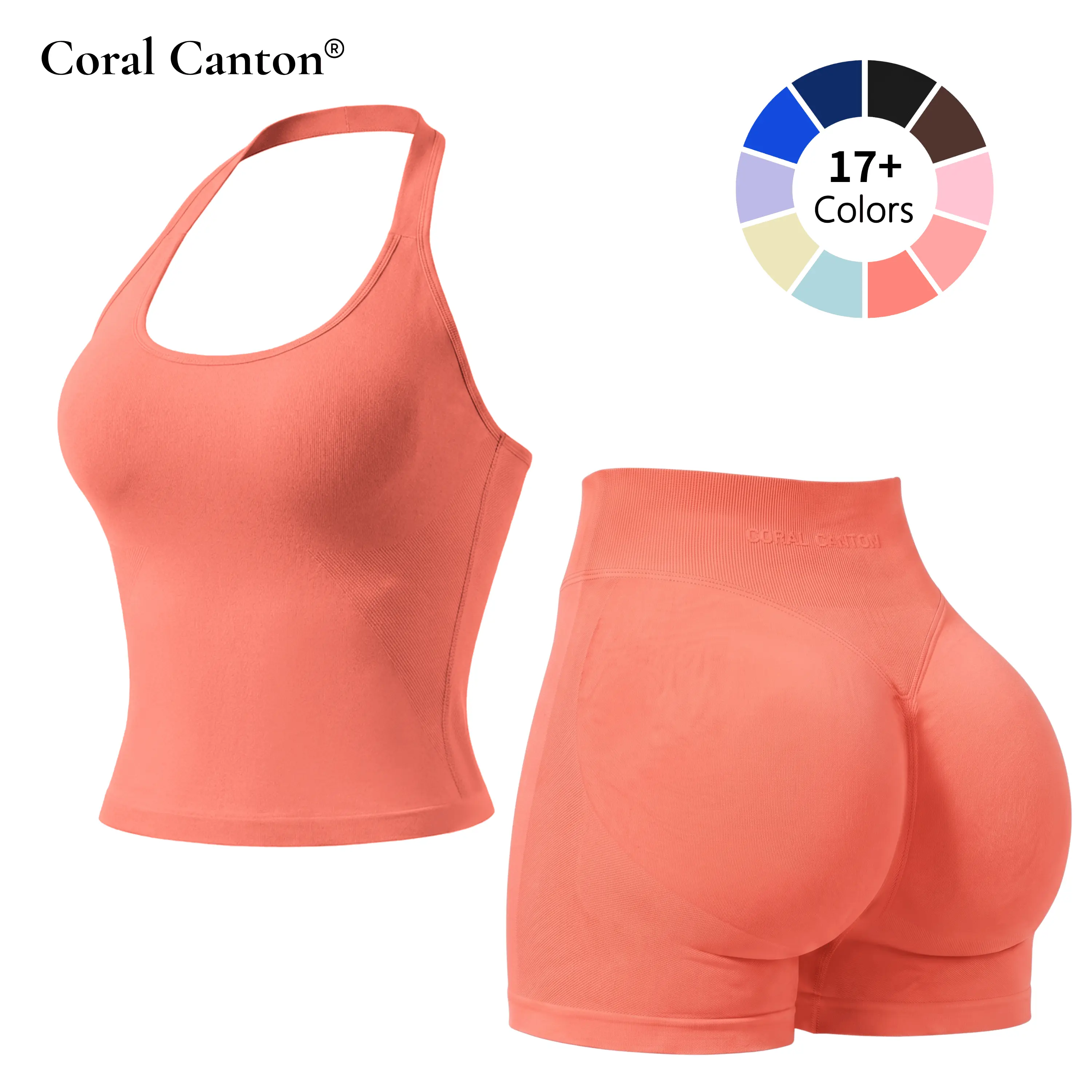 Coral Canton Women’s 2-Piece Halter Top & Stretchy Sports Shorts Set, Sporty Yoga Gym Workout Outfit, Training Activewear & Athletic Casual Wear Set BackToSchool,back to school,back to school haul