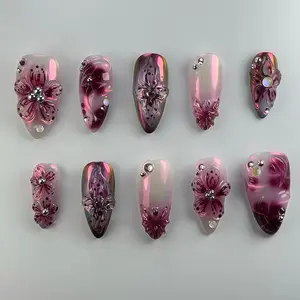 Household daily necessities Almond Press on Nails Medium Fake Nails with Designs Flower Stick on Nails Retro Red French False Nails Rhinestone Acrylic Nails Glossy Artificial Nails Full Cover Glue on Nails for Women