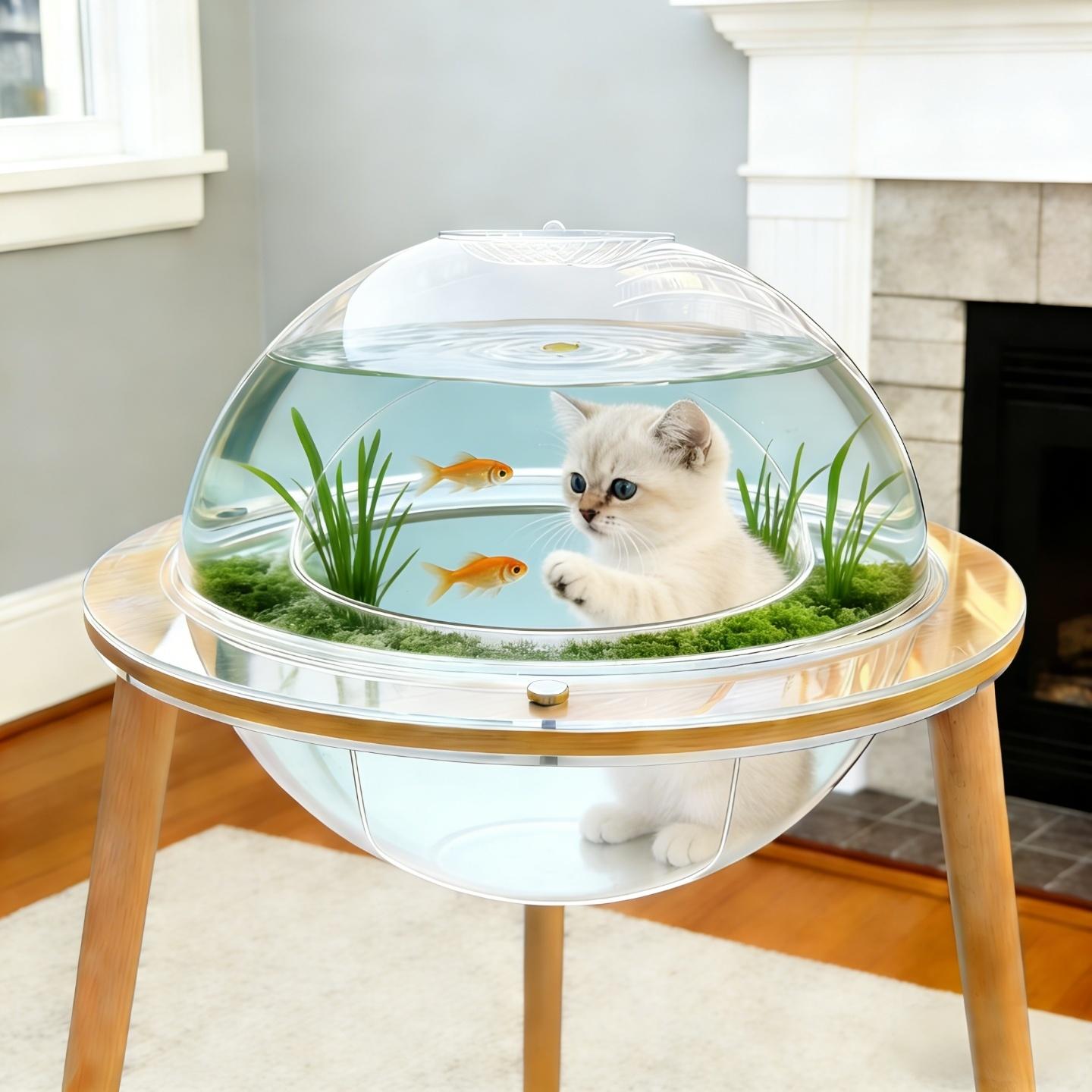 Eyisean 23.6" Acrylic Large Round Transparent Cat Cave, 2-in-1 Space-Saving Kitty Bed Fish Tank with Plywood Base, Heavy-Duty 360° Immersive Pet House, Indoor Cat Enrichment Furniture for Living Room
