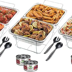 Party Pack Disposable Aluminum Chafing Dish Buffet Set with Green Canned Heat Warmers, Wire Racks, Foil Pans, and Serving Utensils, 3 Pack, Silver