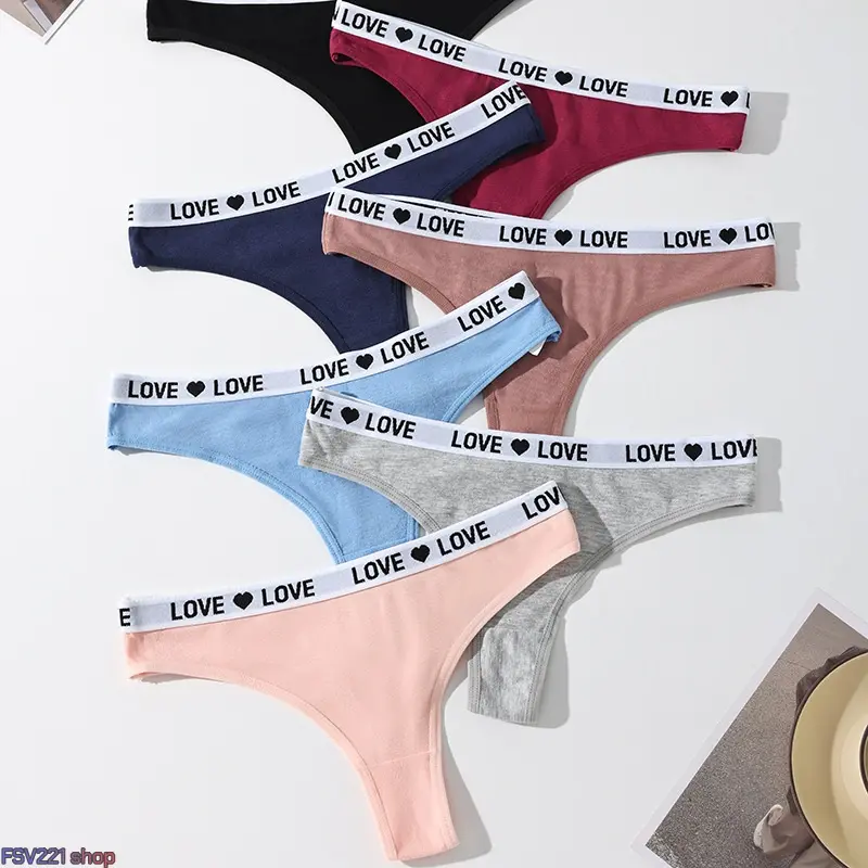 Women's 7-Pack Thong Panties, Low-Rise Mixed Color Underwear with Heart & LOVE Print, Soft Cotton-Spandex, Seamless Breathable Stretch Fit, Panty, 7 Pack (Mixed Color)