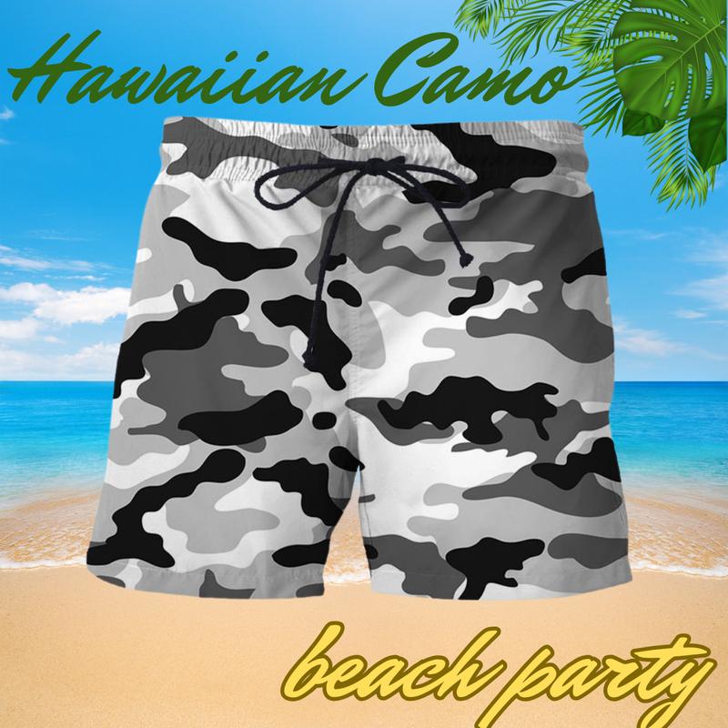 Men’s Gray Camo Swim Shorts – Beach Party Quick-Dry Trunks | Summer Coastal Streetwear with Drawstring Fit