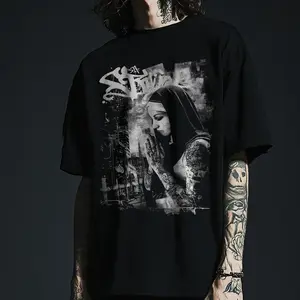 Inked Nun Graphic Tee for Urban Streetwear Fans, Cityscape Goth Dystopian Design, Gritty Apparel with Monochrome Vibes, Tattoo Street Rebel Aesthetic, Trending Essential T-Shirt