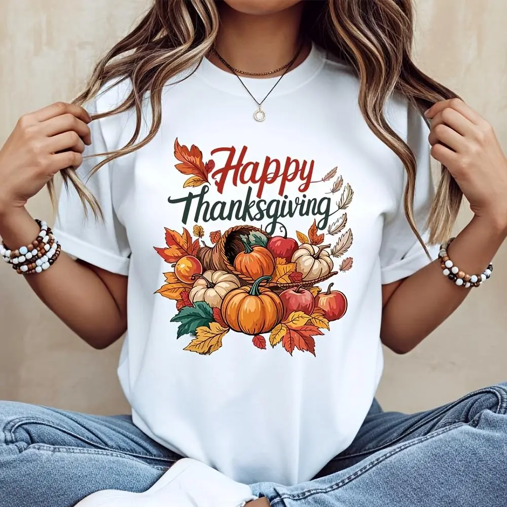 Happy Thanksgiving Pumpkin Cornucopia Print T-Shirt, Autumn Harvest Festival Graphic Tee, Fall Season Holiday Party Casual Wear