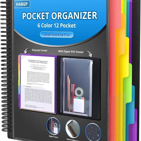 12-Pocket Plastic File Folder with Dividers & Binder, Letter Size Office/School Documents Organizer, Multi Pocket File Organizer for Desk, Office Filing Storage Solution