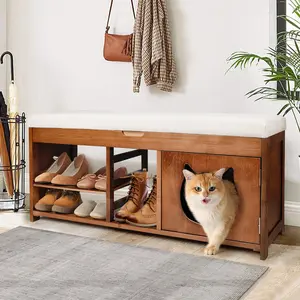 Cat Shoe Rack Bench For Front Door Entrance - Wooden Entryway Storage With Cabinet & Seat Cushion, Open Shelves Hallway Bench, Foyer Organizer (43.3 Inch,400Lbs)