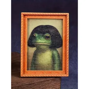 1pc Mini Frame-Shaped Refrigerator Magnet Fridge Magnets, Portrait of the Big Mouth Frog, Frog with Funny Center Part Hairstyle,  Whimsical Frog, Fun Home Decor, Holiday Gift, Diy Fridge Magnet
