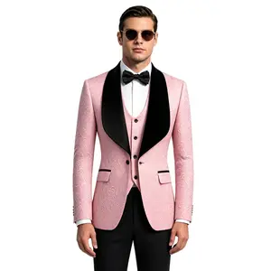 Men’s 3 Piece Paisley Jacquard Tuxedo Suit Set, Shawl Lapel Blazer Vest & Black Pants, Formal Wedding Prom Outfit