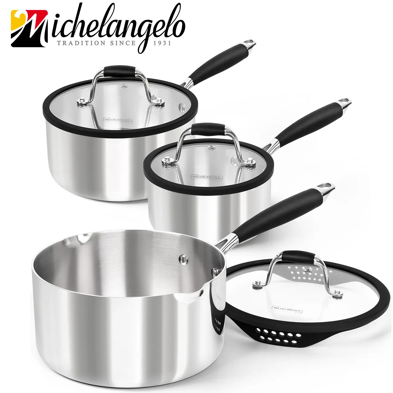 MICHELANGELO 6-Piece 18/10 Tri-Ply Stainless Steel Saucepan Set with Strainer Lids, Induction Compatible for All Cooktops, Oven & Dishwasher Safe, 1QT, 2QT & 3QT