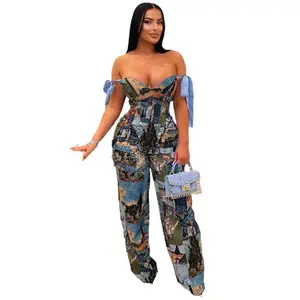 European and American Printing Oil Painting Pattern Strap Drawstring Multi-Pocket Pants Suit Outfit Sets Women Casual Lounge Set