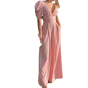 2026 Puff Sleeve Jumpsuit for Women Elegant Deep V Neck Wide Leg Formal Jumpsuit with Pockets Party Outfit # Jumpsuit # WideLegJumpsuit # FormalJumpsuit # PuffSleeve # DeepVNeck # WeddingGuestOutfit # PartyOutfit # DressesForWomen # Outfit of the Day