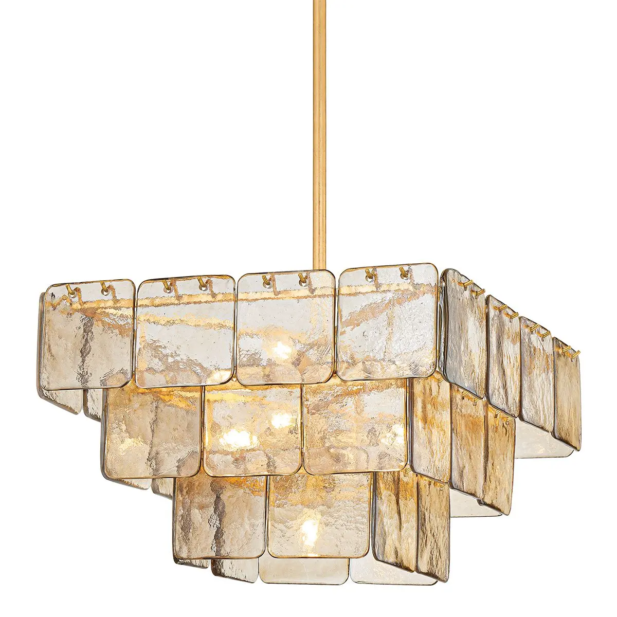 Three-Tier Regal Chandelier with Dark Champagne Piastre Glass Panels and Vintage Gold Leaf Finish