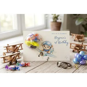Personalized Airplane Baby Shower Favors - Custom Pilot Bear Birthday Invitation Gift Card