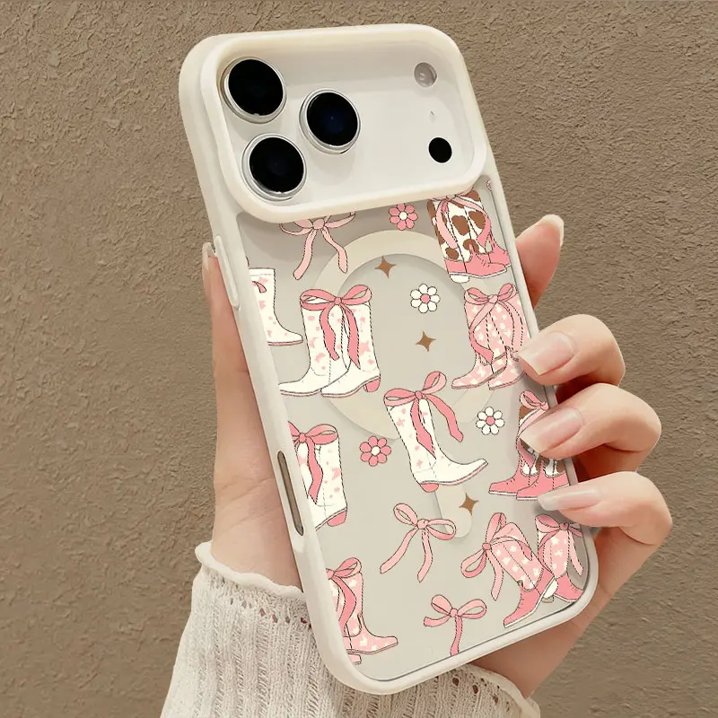 Magnetic Acrylic Cellphone Casing with Blush Pink Cowboy Boot-Flower-Bow Decor - Shockproof Accessory Cover for iPhone 17 Air,16,15,14 Pro Max,13,12,11 - Wireless Charging Support, Magnetic Closure, Accessories