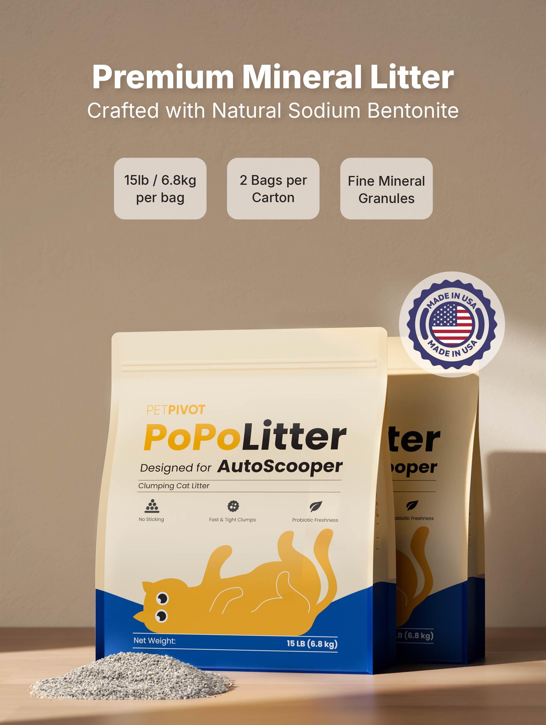 PetPivot PoPoLitter No-Stick Hard Clump Mineral Clay Cat Litter for Auto Scoop & Automatic Litter Boxes, Fast Firm Clumps, Probiotic Odor Control, Low Dust, Made in USA, 30 lb (2 x 15 lb Bags) PetPivot PoPoLitter No-Stick Hard Clump Mineral Clay Cat Litter for Auto Scoop & Automatic Litter Boxes, Fast Firm Clumps, Probiotic Odor Control, Low Dust, Made in USA, 30 lb (2 x 15 lb Bags)