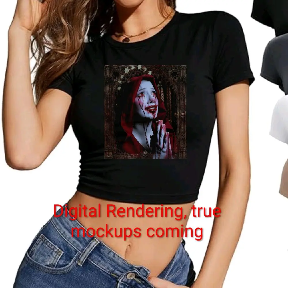 Bleeding Mary Prayer horror art T-Shirt  | SFX Makeup Art, Women's Slim Fit Crop Top, Rae's Version, Womenswear