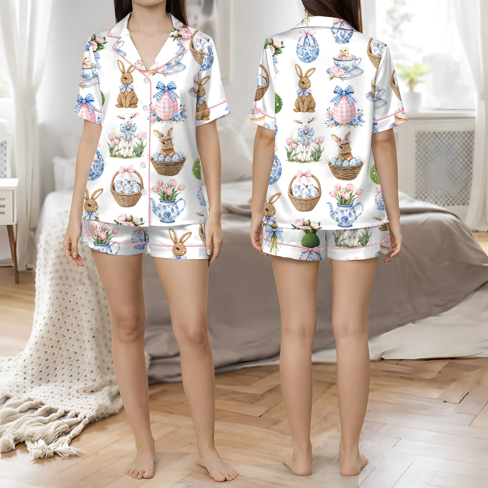 Women's Elegant Coquette 2-Piece Pajama Set - Silky Elastic Satin Fabric, Comfortable Short-Sleeve Loungewear with Chinoiserie Easter Bunny Print, Pockets, Adjustable Drawstring & Bottom, Breathable, Fit, Pants, Top, Love, Nightwear, Shortsleeve, Lady, El