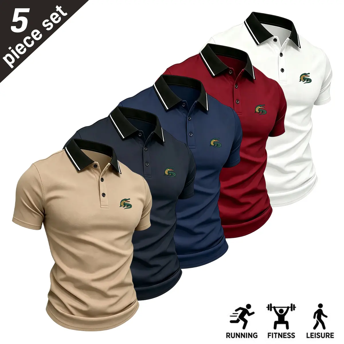 Men’s 5-Pack Casual Polyester Polo Shirts - Solid Color Turn-Down Collar Golf Polos, Comfortable Fabric, Suitable for Office, Leisure Outings