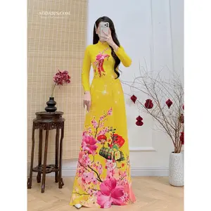 Tết Fireworks Floral Yellow Ao Dai Top (No Pants) | Vietnamese Traditional Dress N24