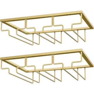 Metal Under Cabinet Wine Glass Rack, 3 Rows 2 Pack Gold Stemware Wine Glass Holder Storage Hanger Organizer for Kitchen Bar Cabinet