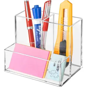 Clear Acrylic Pen Holder for Desk with 3 Compartments, Pencil Marker Organizer for Home Office Classroom Bathroom