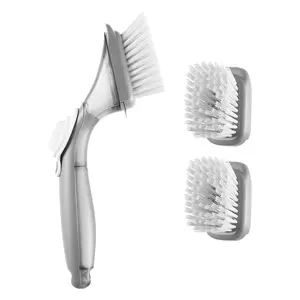 VEVOR Soap Dispensing Dish Brush, Kitchen Scrub Brushes with 3 Brush Heads, Dish Cleaning Brushes with PP Handle and Curved Bristles, Ideal for Pots, Pans, Sink and Stove