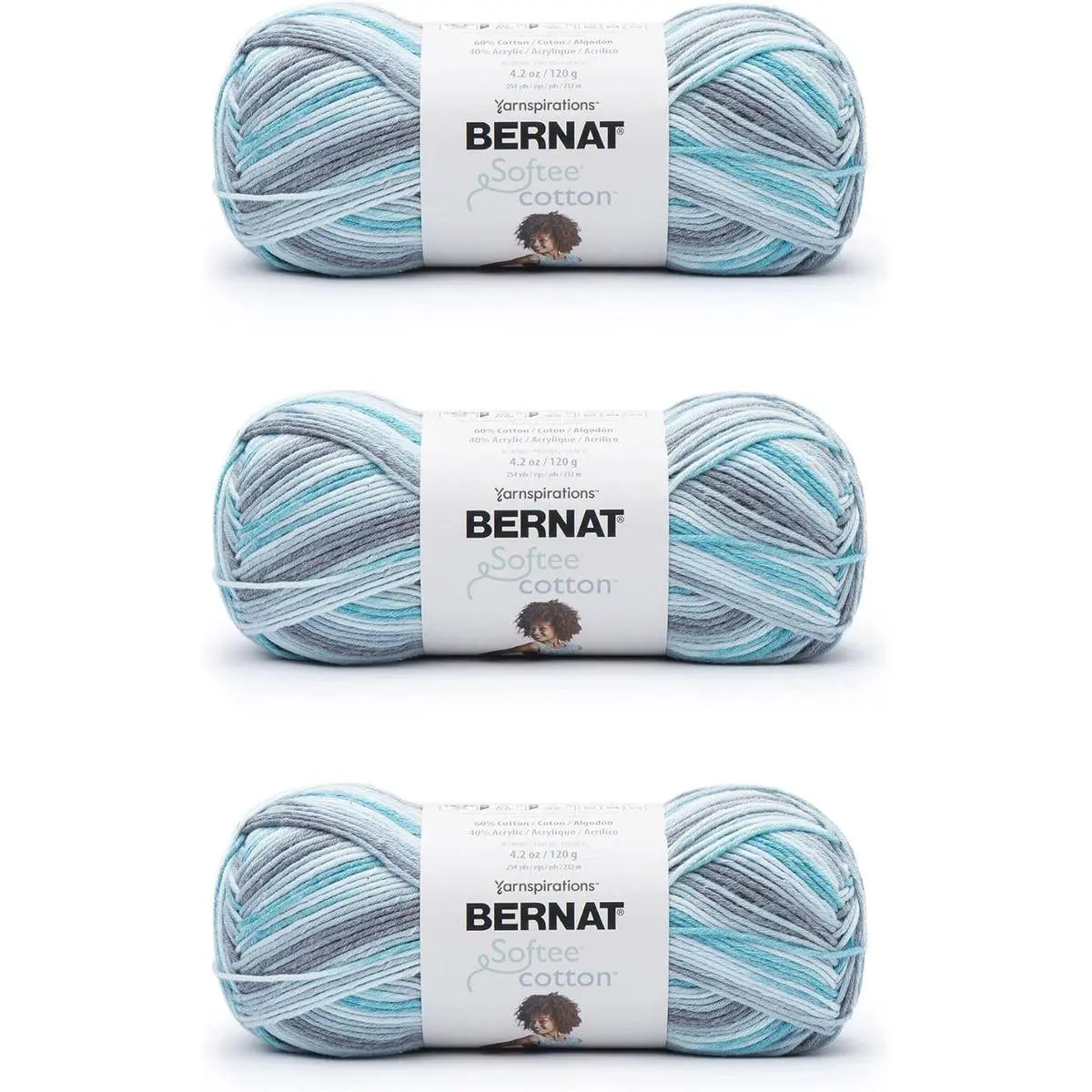 Softee Cotton Blue Waves Yarn - 3 Pack of 120g/4.25oz - Nylon - 3 DK (Light) - 254 Yards - Knitting, Crocheting & Crafts