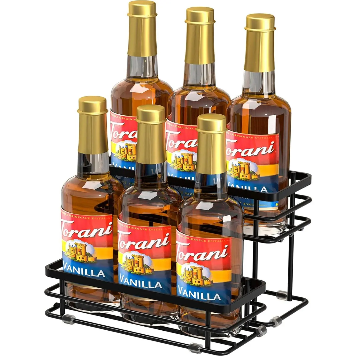 Coffee Syrup Rack Organizer 2-Tier 6 Bottles Syrup Bottle Holder Stand for Coffee Bar Storage Shelves for Syrup Wine Dressing for Kitchen Countertop Black