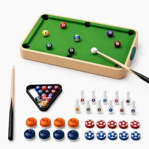5-In-1 Kids Tabletop Game Set, Mini Billiards, Curling, Bowling, Ice Hockey, Wooden Family Fun Toy, Educational Playset for Children