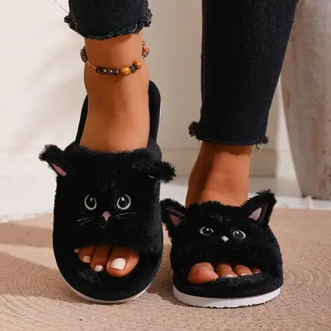 Women's Cartoon Cat Plush Home Slippers, Silent Non-Slip Soft Sole, Easy-On Casual Footwear, All-Season Indoor Comfort Shoes