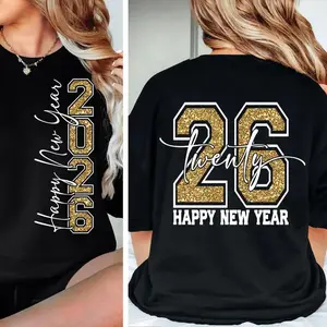 Happy New Year 2026 Printed T-Shirt, New Year's Eve Hello 2026 Shirt, 100% Cotton New Year Tee for Men Women