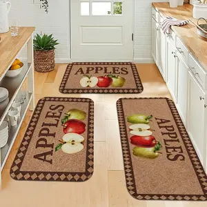3Pcs Durable Kitchen Floor Mat Set, Dirt & Water Absorbent, Non-Skid Bottom, Stain Resistant. Cute "APPLES" Fruit & Slice Design, Ideal for Sink, Stove & Bathroom Area Use