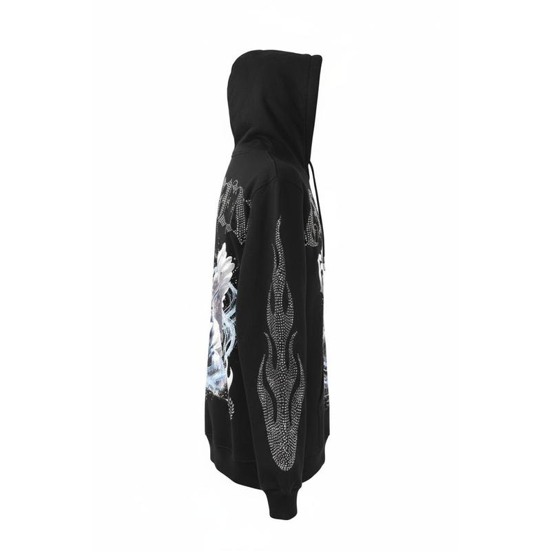 Heavyweight Rhinestone Hoodie Black Urban Streetwear Angel Graphic Design with Rhinestone Flame Details Long Sleeve Unisex Comfortable Regular Fit