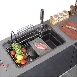 Morden 30x18 Inch Nano Black Kitchen Sinks Drop in Gray Japanese-Style Sink Single Bowl Workstation Sink with Hanging Basket for Efficient Food Preparation