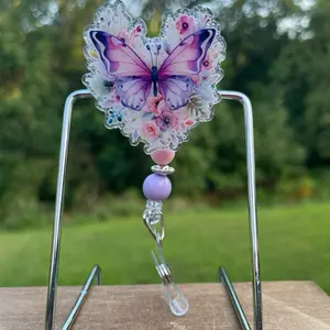 Designs By Cristin Butterfly Badge Reel with Purple Floral Heart and Bead Accent