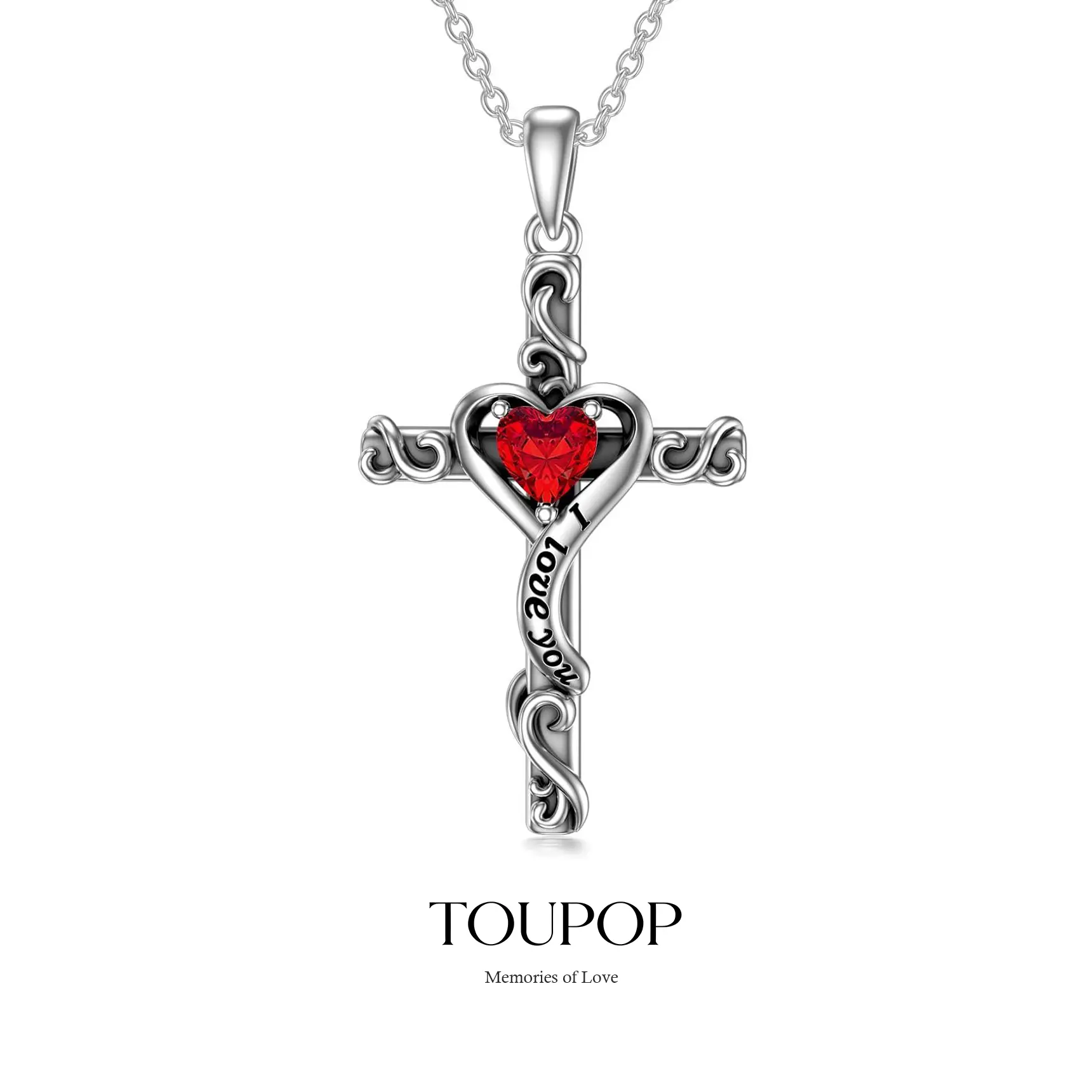 TOUPOP Cross Birthstone Necklace for Women 925 Sterling Silver Heart Cross Pendant I Love You Jewelry Anniversary Birthday Mothers Day Gifts for Mom Wife Her