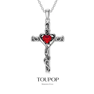TOUPOP Cross Birthstone Necklace for Women 925 Sterling Silver Heart Cross Pendant I Love You Jewelry Anniversary Birthday Mothers Day Gifts for Mom Wife Her
