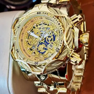 Stainless Steel Punk Oversized Men's Watch Exquisite Holiday Gift with Exquisite Gift Box Packaging Gold Finish Skeleton Design