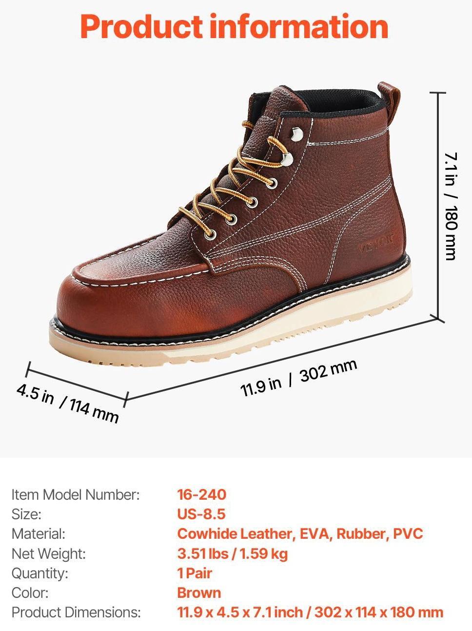 【fathersdaygift】VEVOR Steel Toe Work Boots,US Size 8.5Waterproof Moc Toe Work Boots for MenSlip-Resistant Work BootLightweight and Breathable EVA Rubber Sole Mens Boots for Industry ConstructionBrown