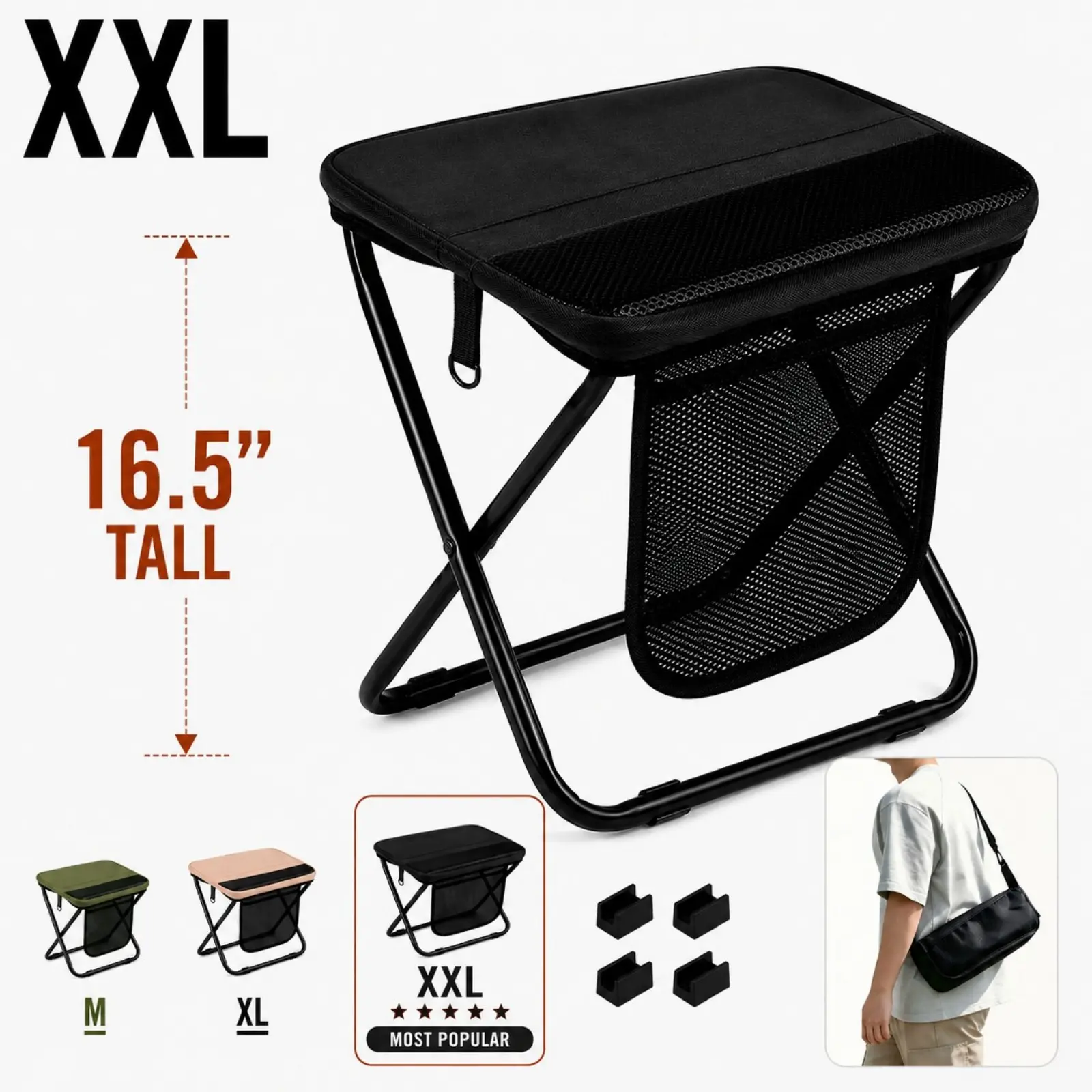 Wstrnix 16" Extra Tall Collapsible Stool for Adults - Sturdy Heavy Duty 2-in-1 Portable Seat with Shoulder Strap, Lightweight for Camping, Campfire Events