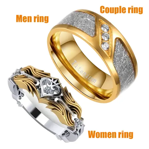 Unisex 2-Color Stainless Steel Engagement Wedding Bands Set, Gold & Silver AAA+ Cubic Zirconia Hypoallergenic Jewelry for Adults, Casual Christmas Thanksgiving Matching Promise Rings
